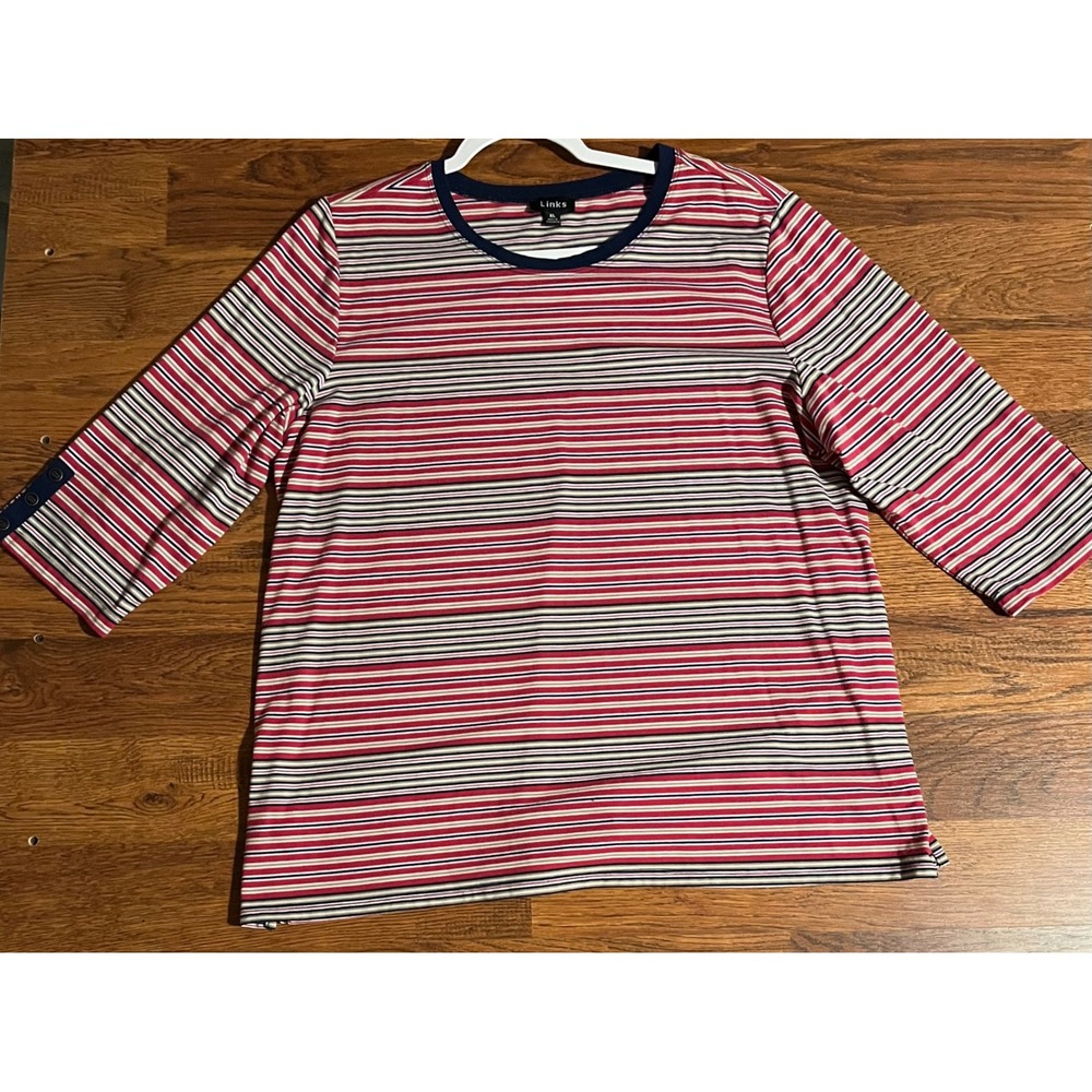 Links Womens XL Striped 3/4 Sleeve Top Red Navy White Knit Crew Neck Button Cuff